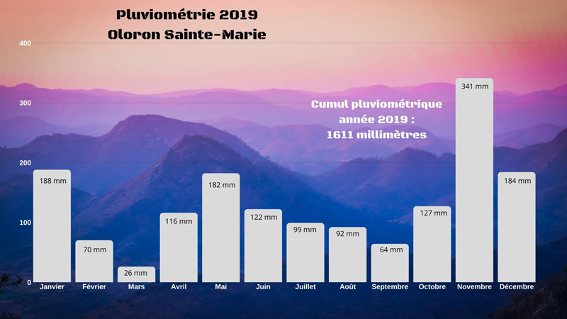 Graphe - bilan pluviométrique à Oloron Sainte-Marie - année 2018